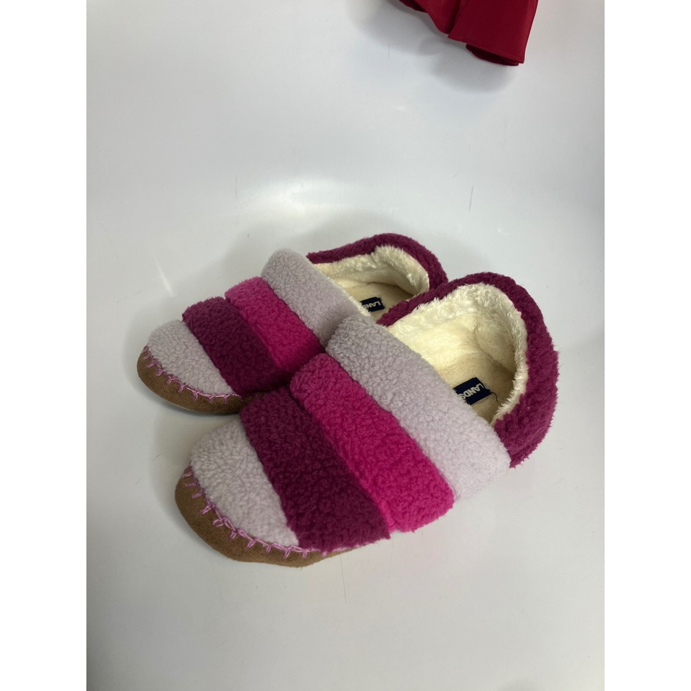 Lands End Sherpa Fleece Slippers Womens 6 Purple Pink Excellent Striped Cozy